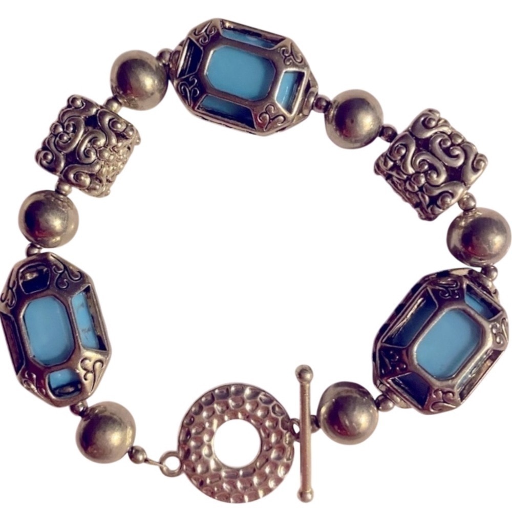 Artisan, Handmade Bracelet, Blue, Caged Beads, Silver-tone beads, hardware,NWOT 